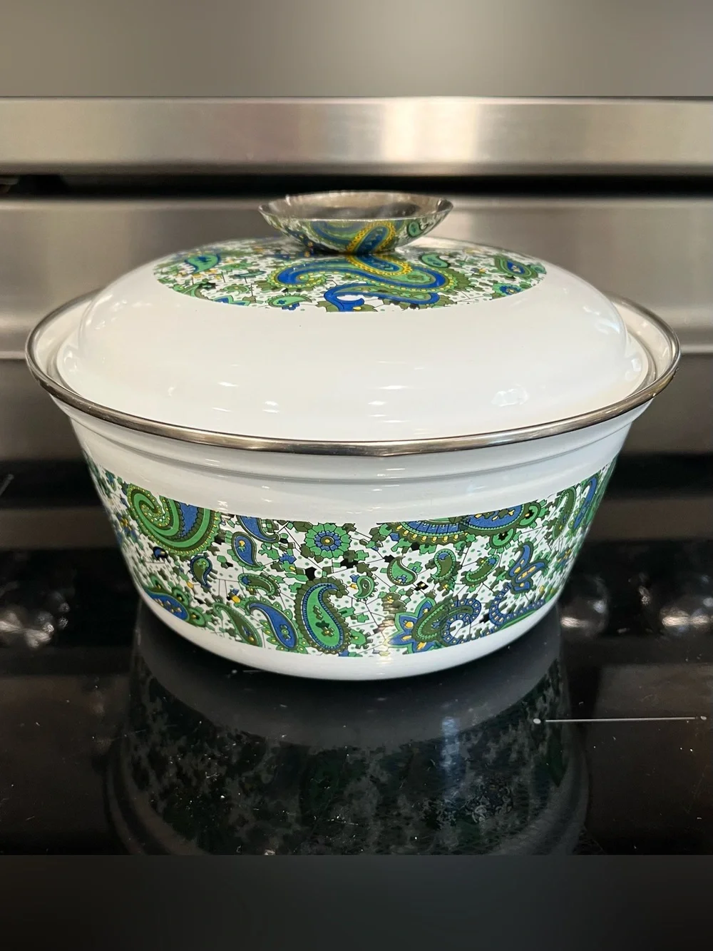 VTG 70s Fancipans Enamelware 2-Qt Covered Casserole Dish Lid Blue Green Paisley